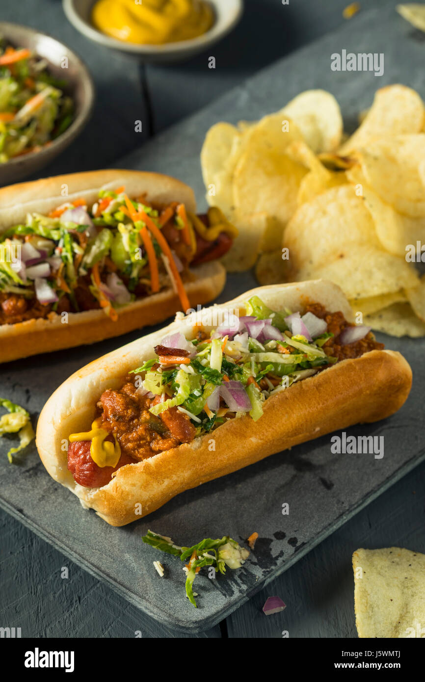 Homemade Slaw Hot Dog with Mustard Chili and Coleslaw Stock Photo Alamy