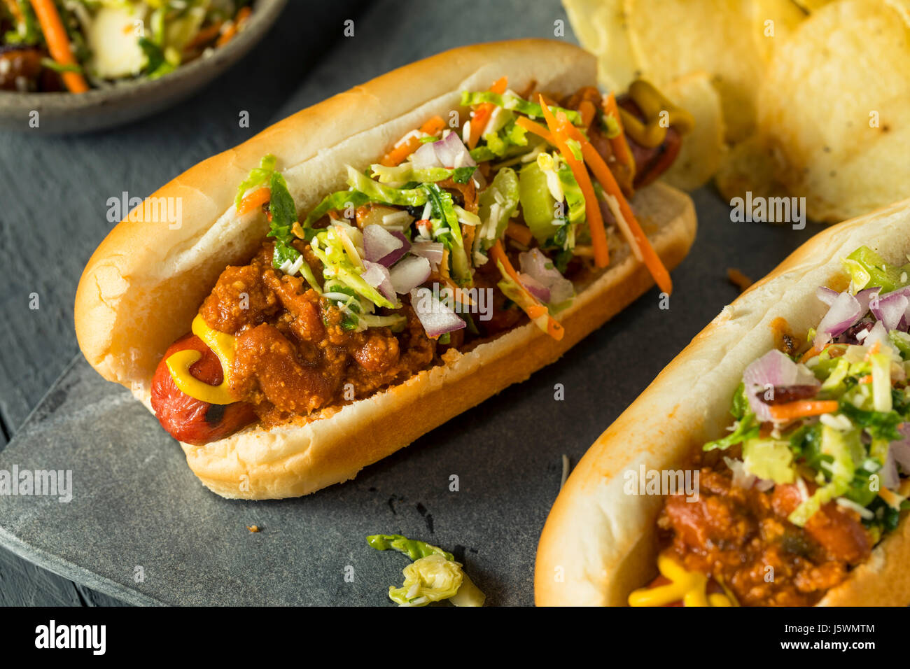 Homemade Slaw Hot Dog with Mustard Chili and Coleslaw Stock Photo Alamy