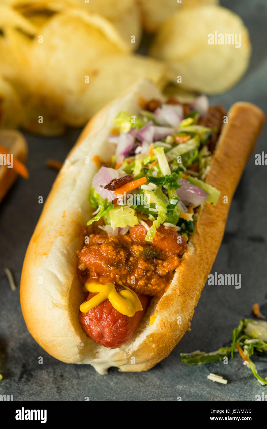 Homemade Slaw Hot Dog with Mustard Chili and Coleslaw Stock Photo Alamy