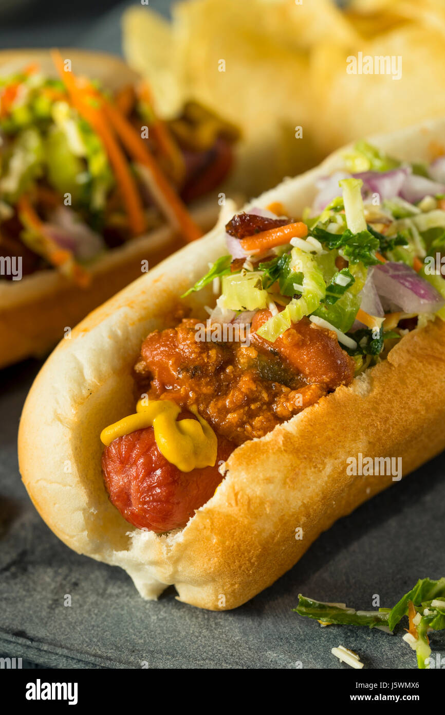 Homemade Slaw Hot Dog with Mustard Chili and Coleslaw Stock Photo - Alamy