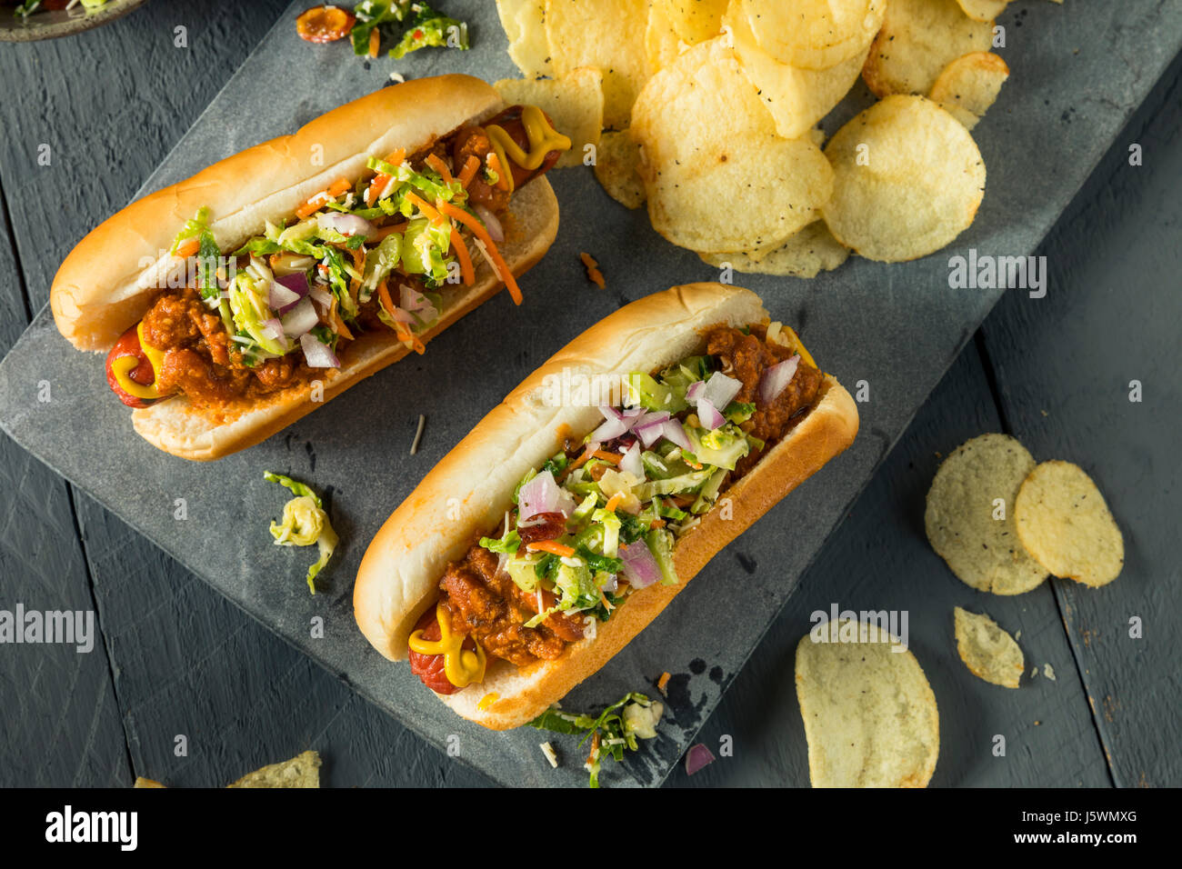 Homemade Slaw Hot Dog with Mustard Chili and Coleslaw Stock Photo Alamy