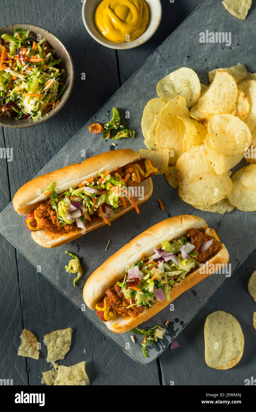 Homemade Slaw Hot Dog with Mustard Chili and Coleslaw Stock Photo Alamy