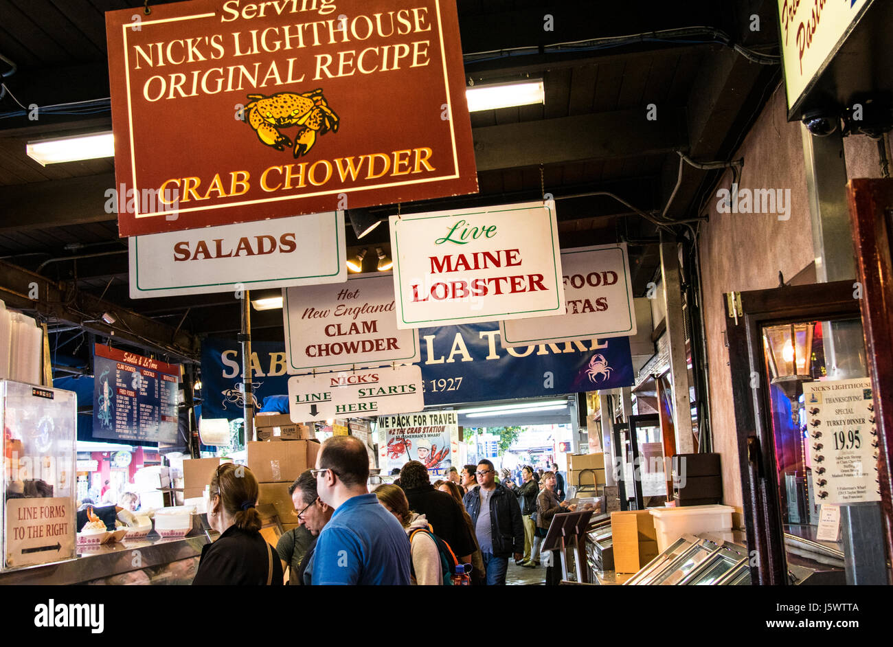 Fisherman's Wharf seafood stalls serving fast fresh varieties of