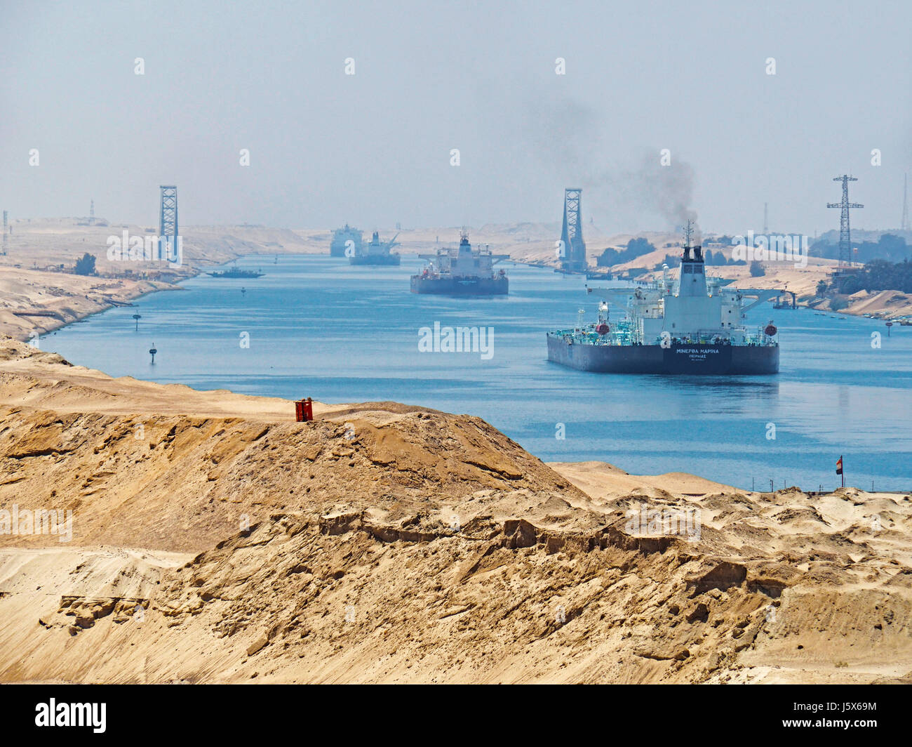 Oil tankers south bound on new section of Suez Canal. Stock Photo