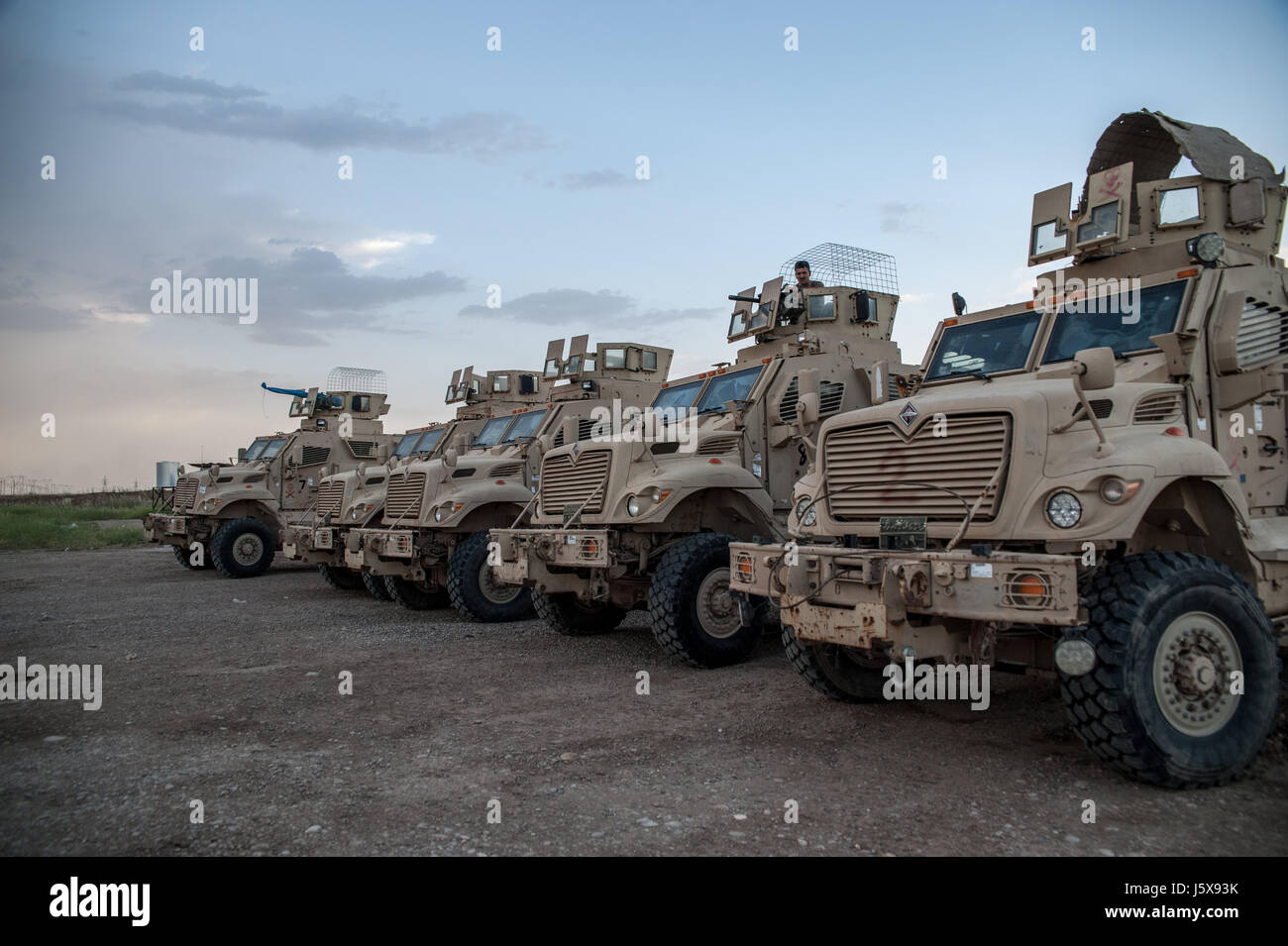 State of the art American armoured vehicles parked at the Kurdish  Peshmerga frontline with ISIS in Hawija Iraq Stock Photo