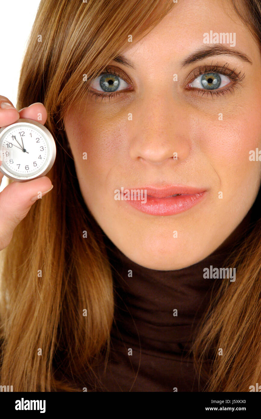 woman deadline respite portrait clock dapper accosting pretty prettily prettier Stock Photo