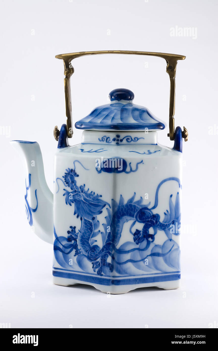 bone china teapot blue metal handle dragon chinese teapot white
