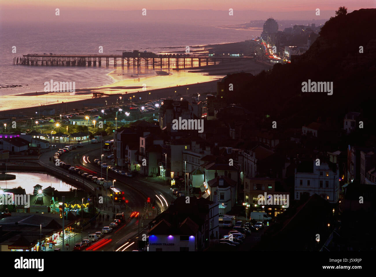 Hastings, East Sussex, on the South Coast of England at twilight Stock Photo
