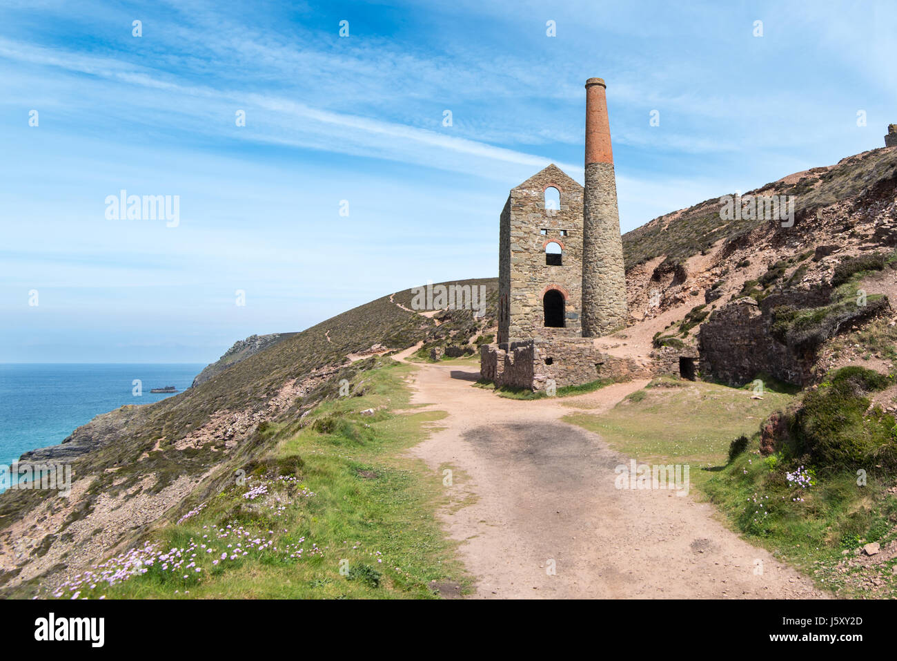 CHAPEL PORTH, CORNWALL, UK - 24APR2017: The Towanroath Engine House at Wheal Coates is sited adjacent to the South West Coastal Footpath. Stock Photo