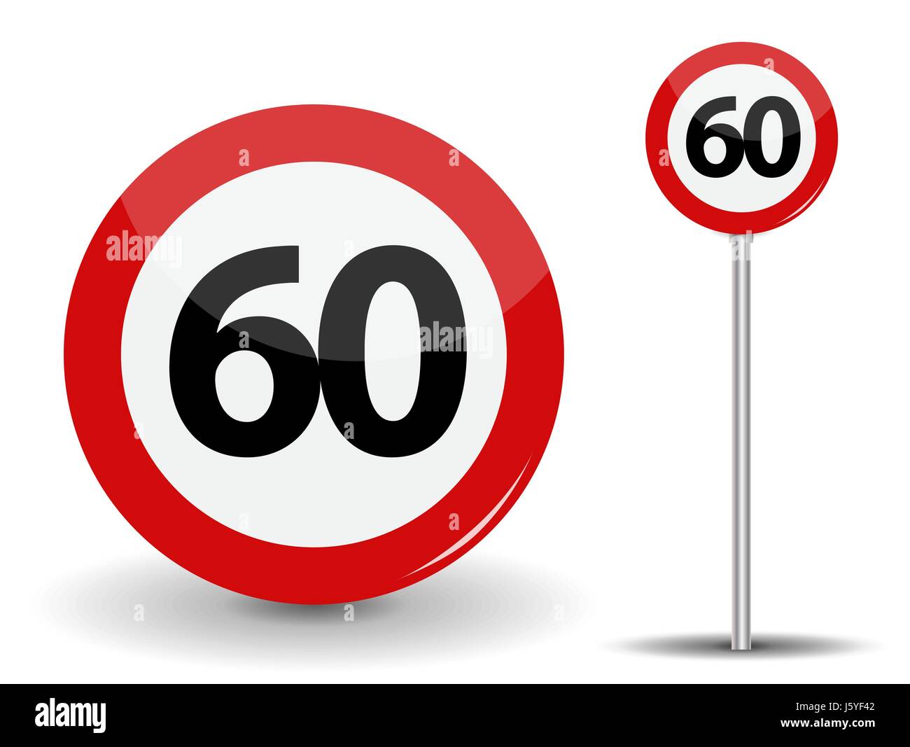 Round Red Road Sign Speed limit 60 kilometers per hour. Vector Illustration. Stock Vector