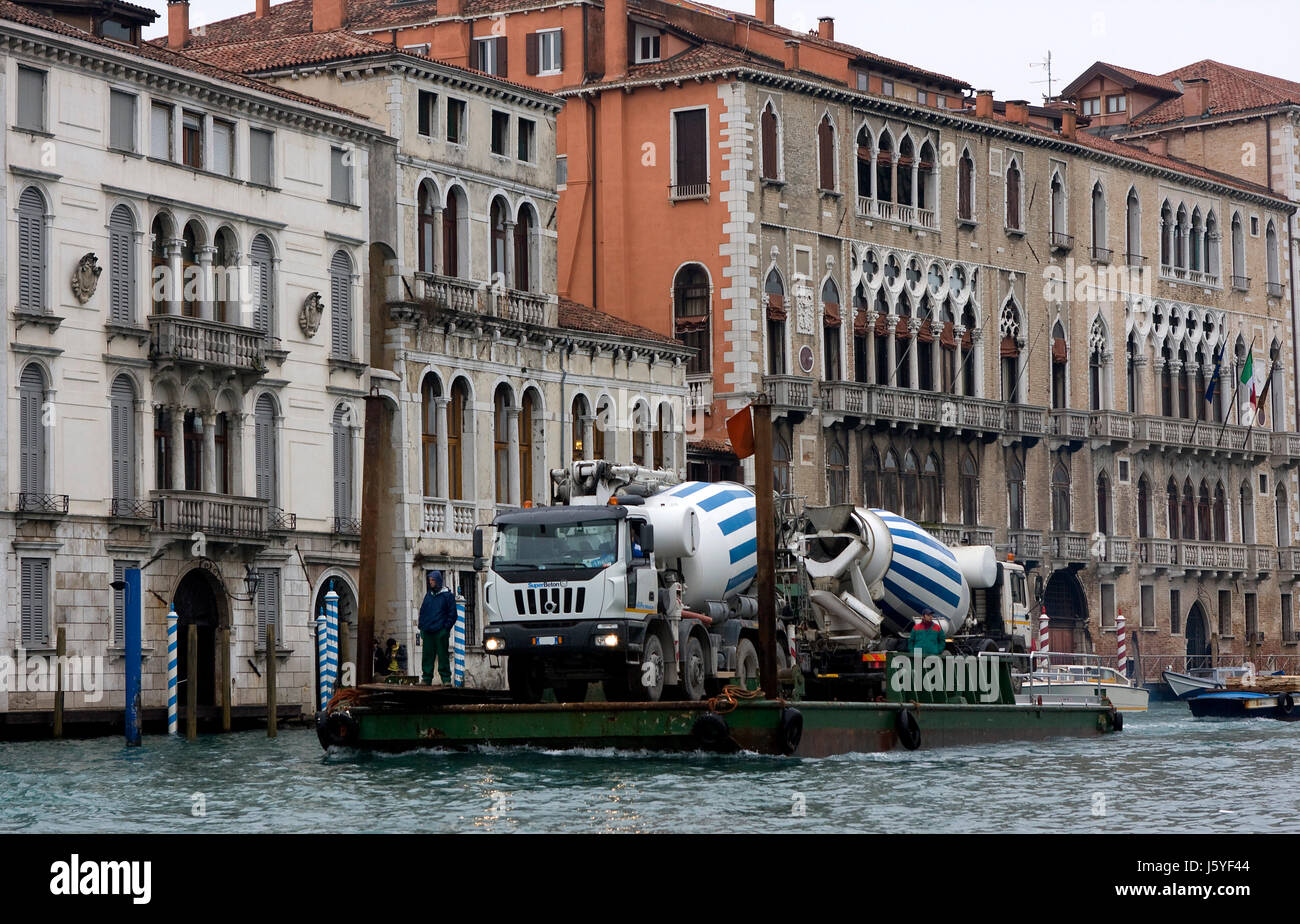 venice transport magnifico concrete mixer truck lorry rowing boat sailing boat Stock Photo