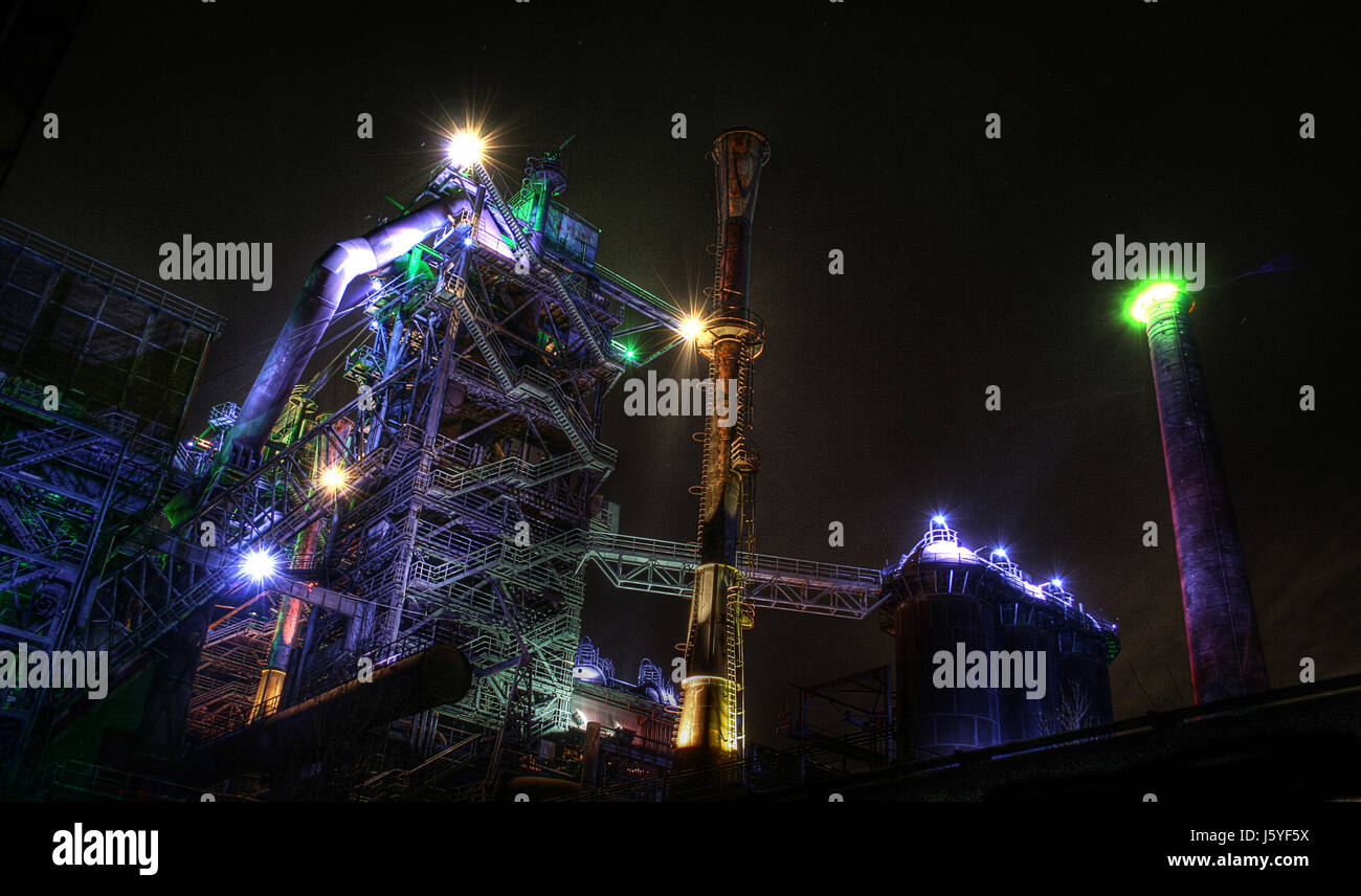 night nighttime steel Duisburg north Ruhr district dark lighting illumination Stock Photo