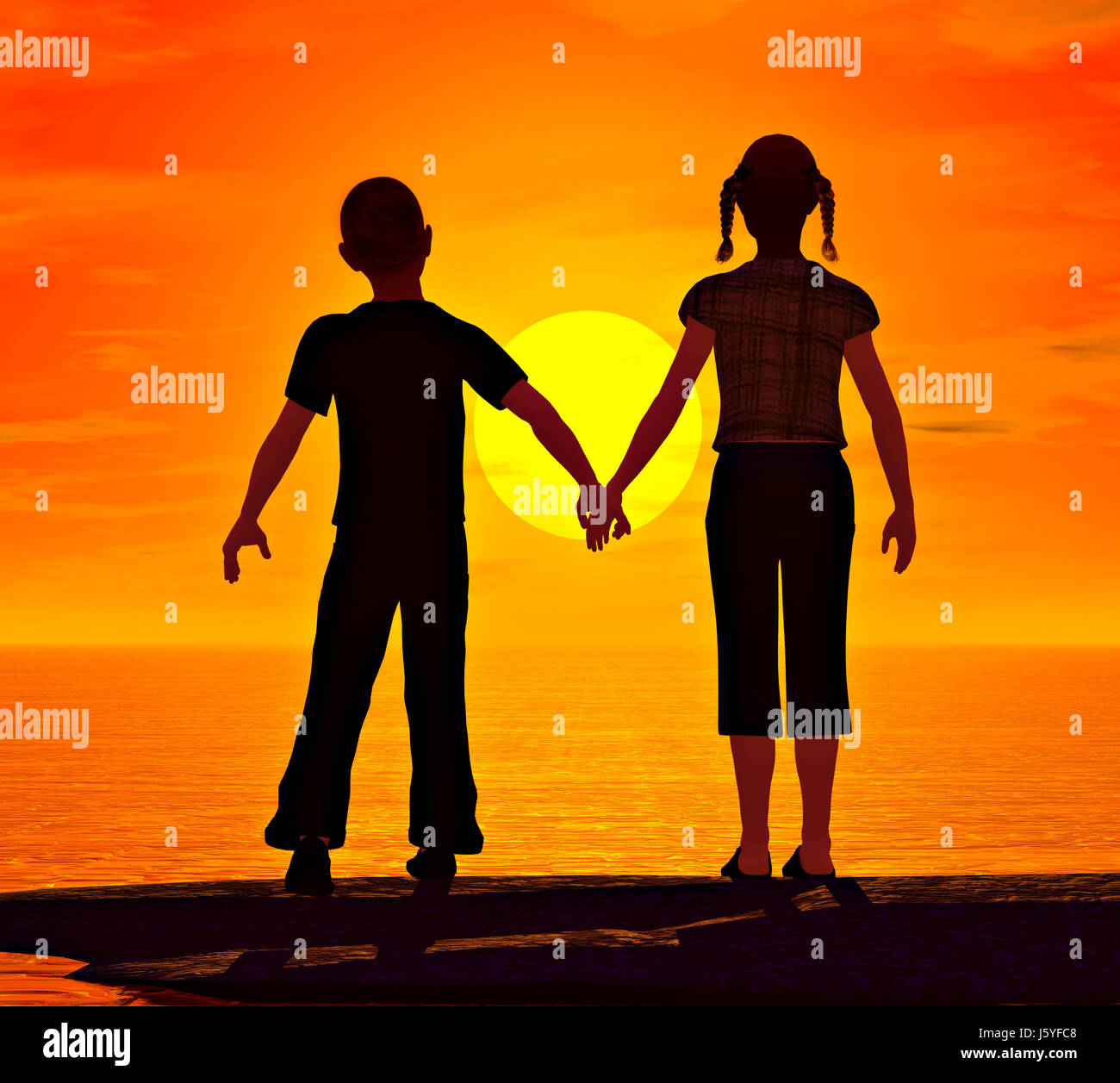 sunset boy lad male youngster girl girls friends hand hands sweet ...