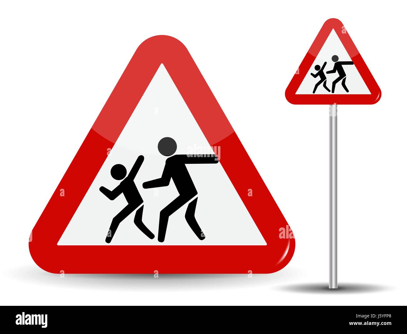 Road sign Warning Children. In the Red Triangle running kids. Vector Illustration. Stock Vector