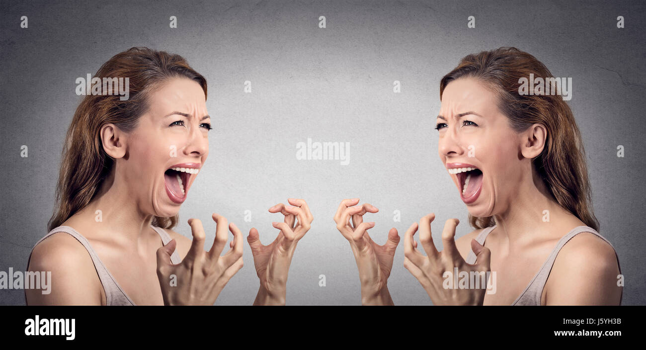 Closeup portrait angry woman hysterical having nervous breakdown ...