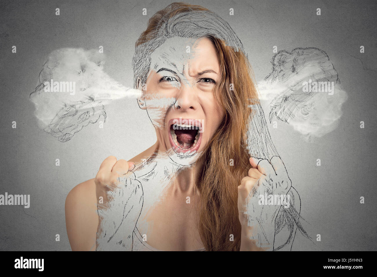 Closeup portrait angry young woman blowing steam coming out of ears having nervous breakdown hysterical screaming isolated grey background. Negative h Stock Photo