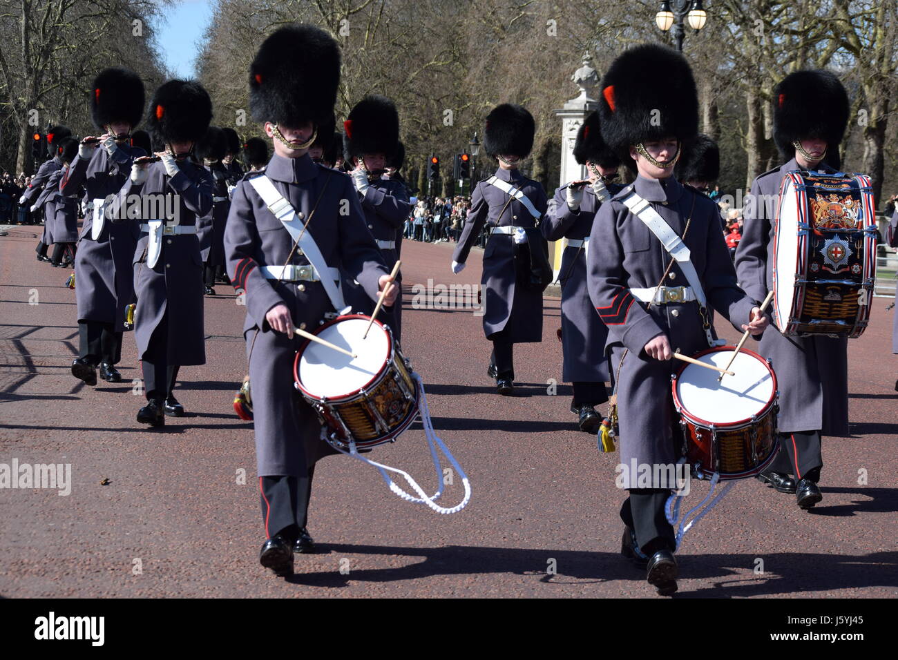 Changing of the Guard at Buckingham Palace / Grenadier Guards Marching Stock Photo