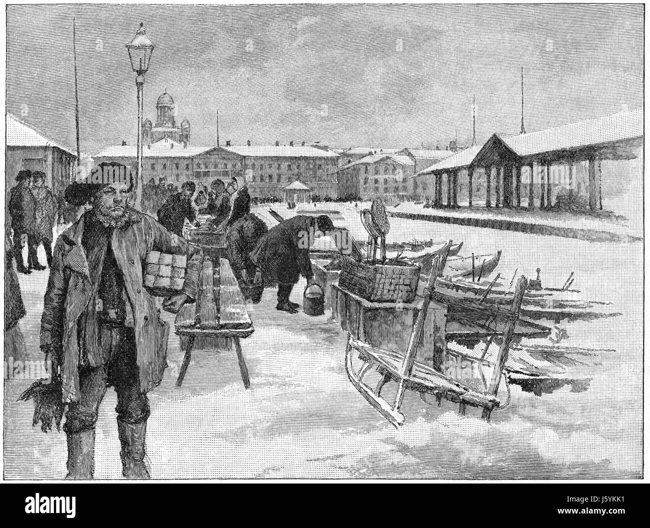Fish Market, Helsinki, Finland, Harper's New Monthly Magazine, Illustration, January 1891 Stock Photo