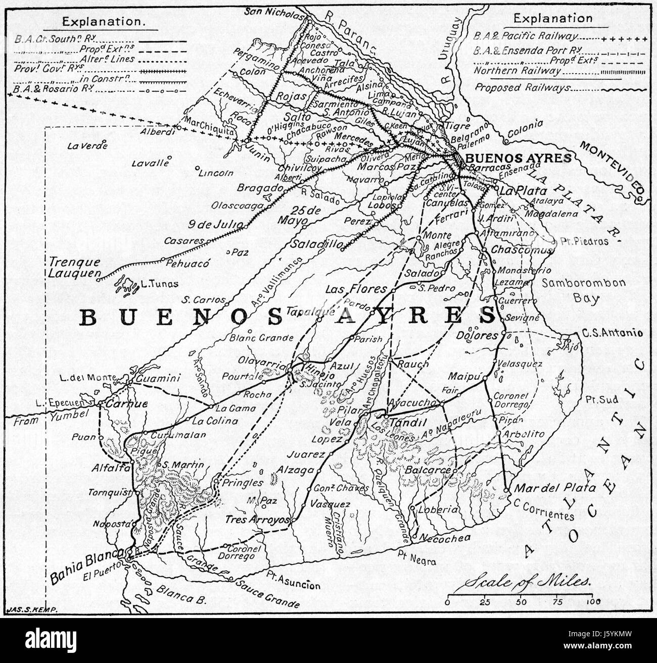 Railway Map, Buenos Aires, Argentina, Harper's New Monthly Magazine, Illustration, March 1891 Stock Photo