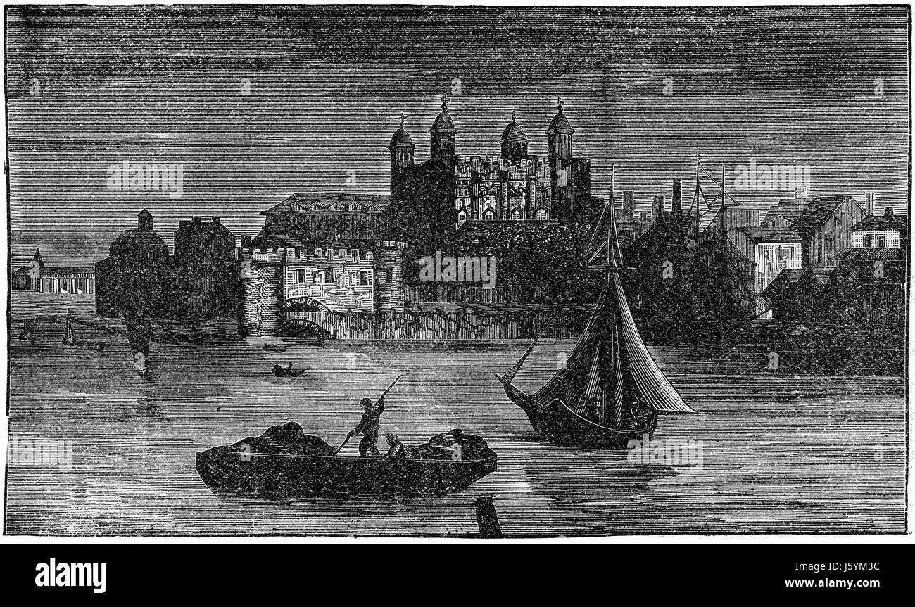 Boats in River with Tower of London in Background, London, England, UK, Standard Publishing Company, Illustration, 1888 Stock Photo