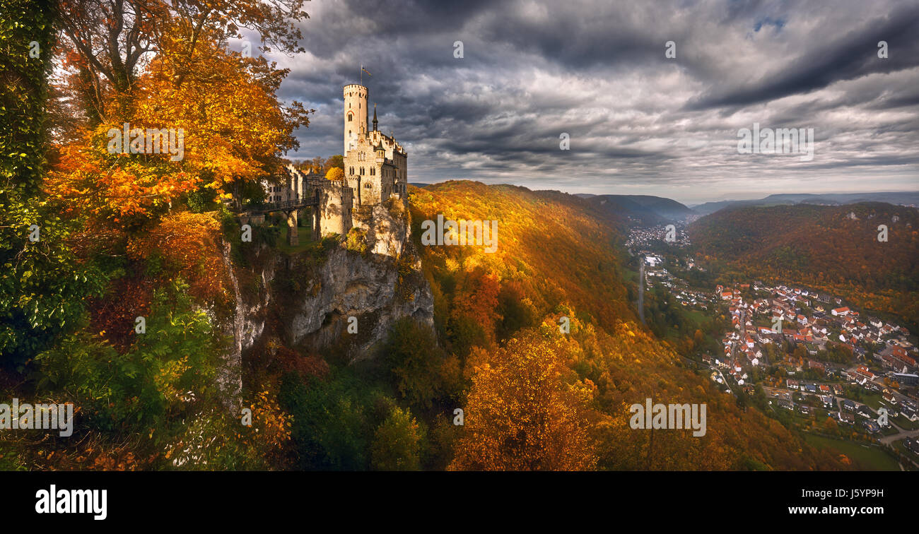 Lichtenstein Castle, Honau, Swabian Alb, Baden-Wuerttemberg. Germany. Stock Photo