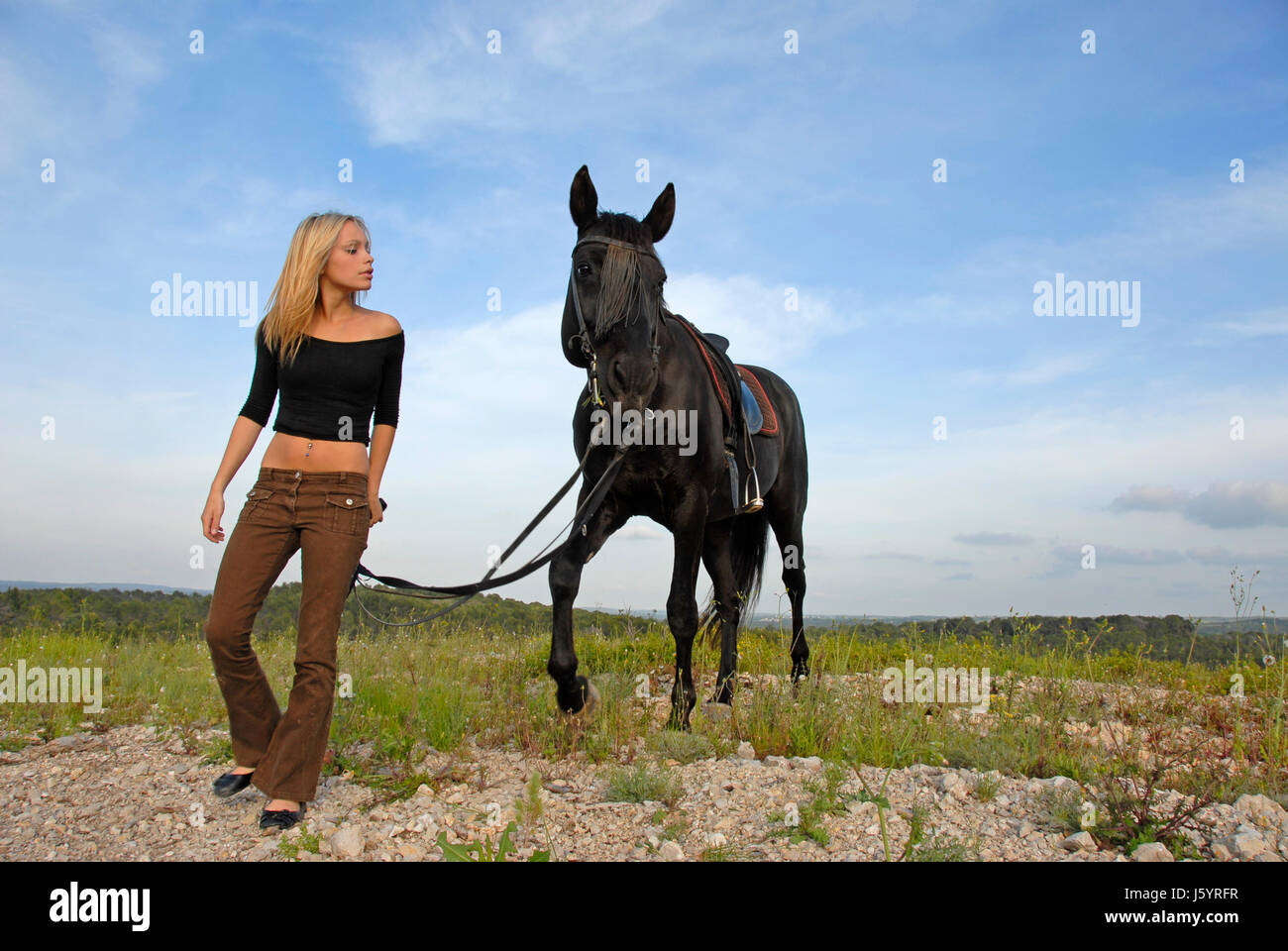 woman horse field stallion teenager blond beauty blue walk go going walking Stock Photo