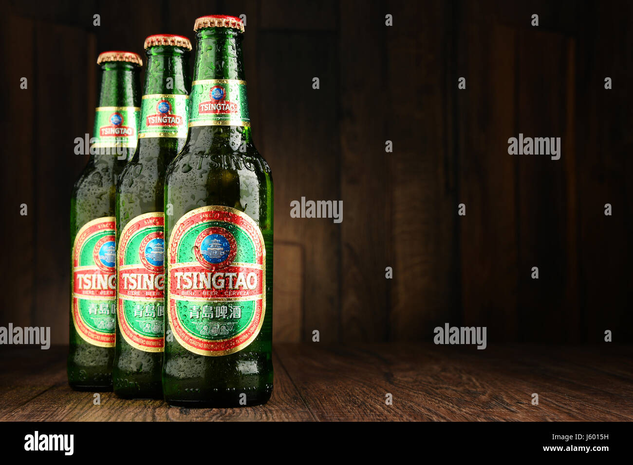 POZNAN, POLAND JUNE 22, 2016 Tsingtao beer, product of Tsingtao