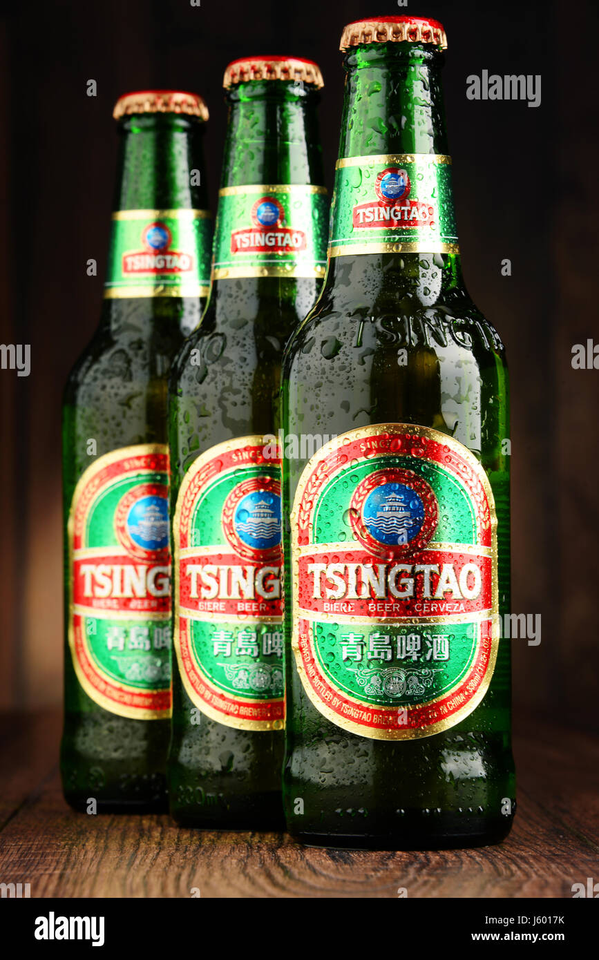 POZNAN, POLAND JUNE 22, 2016 Tsingtao beer, product of Tsingtao