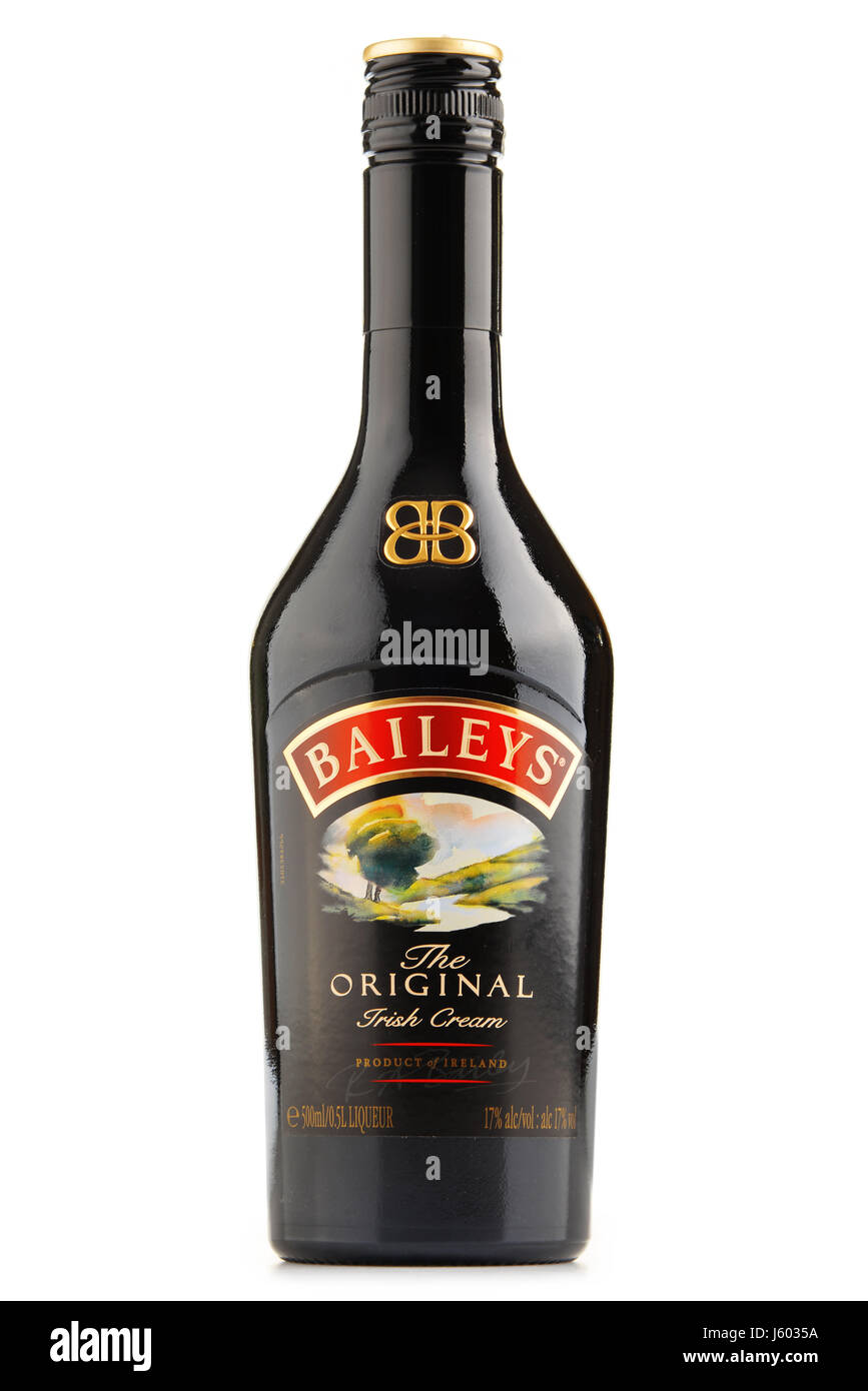 POZNAN, POLAND - JUNE 23, 2016: Baileys Irish Cream is an Irish whiskey- and cream-based liqueur, made by Gilbeys of Ireland. Brand currently owned by Stock Photo