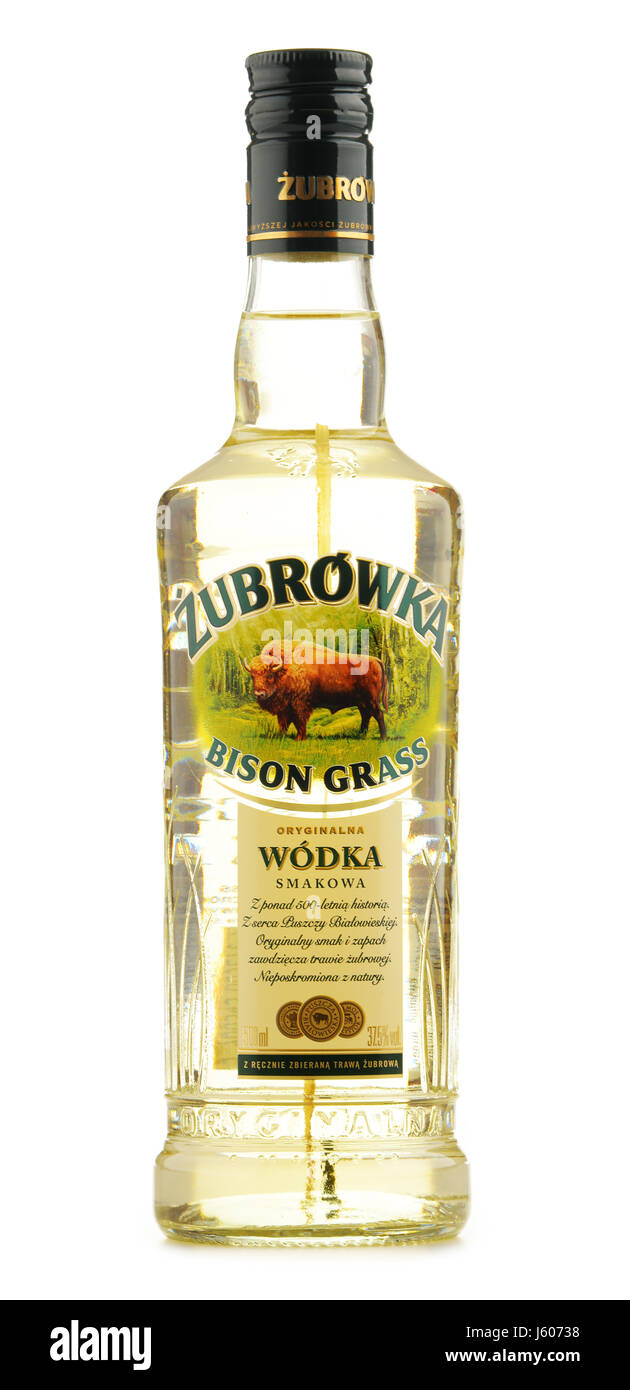 POZNAN, POLAND - JULY 15, 2016: Zubrowka also known in English as Bison Grass Vodka, is a dry, herb-flavoured vodka distilled from rye and manufacture Stock Photo