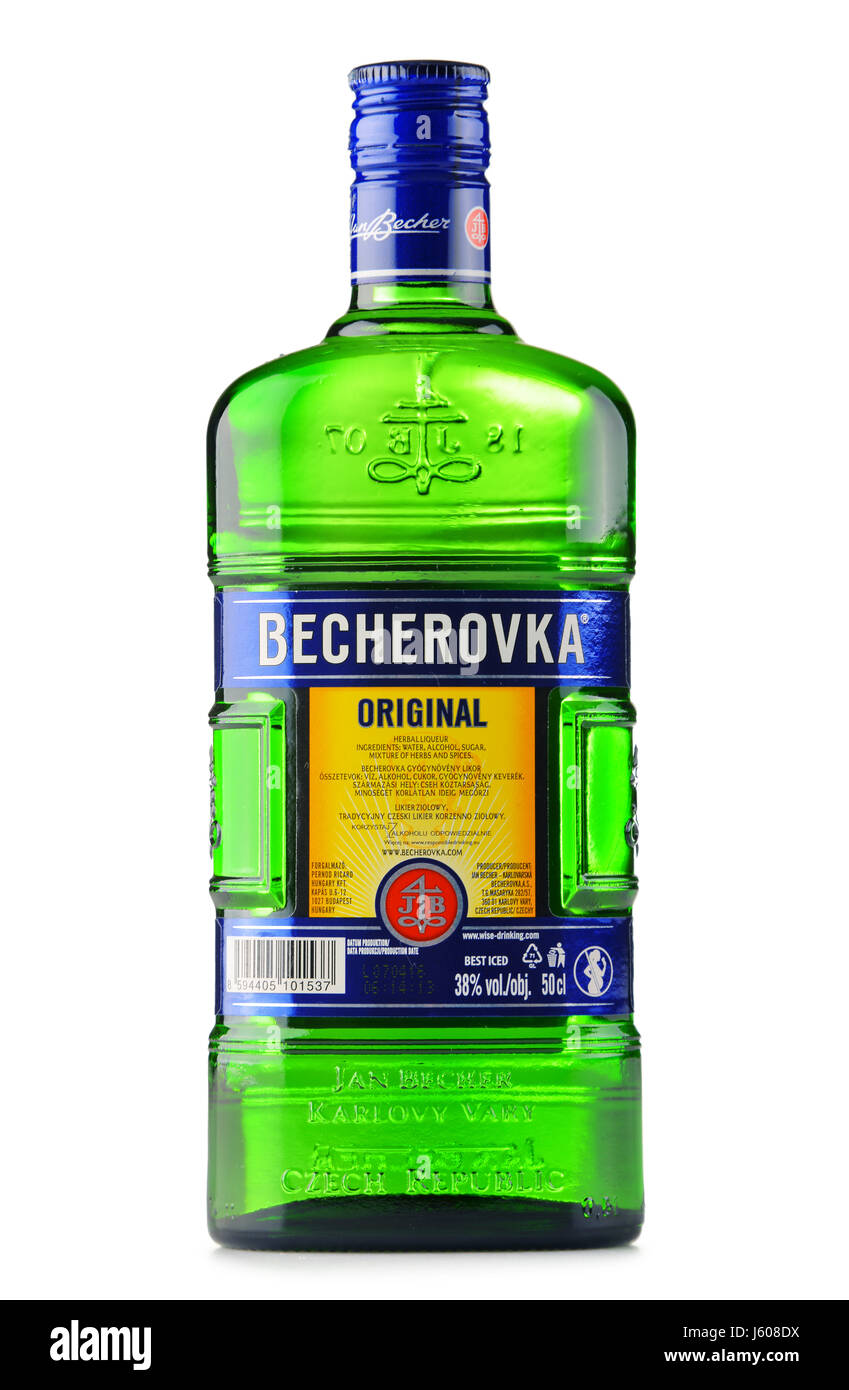 POZNAN, POLAND - JULY 28, 2016: Becherovka often used as a digestive aid is a an herbal bitters produced in Karlovy Vary, Czech Rep. by the Jan Becher Stock Photo