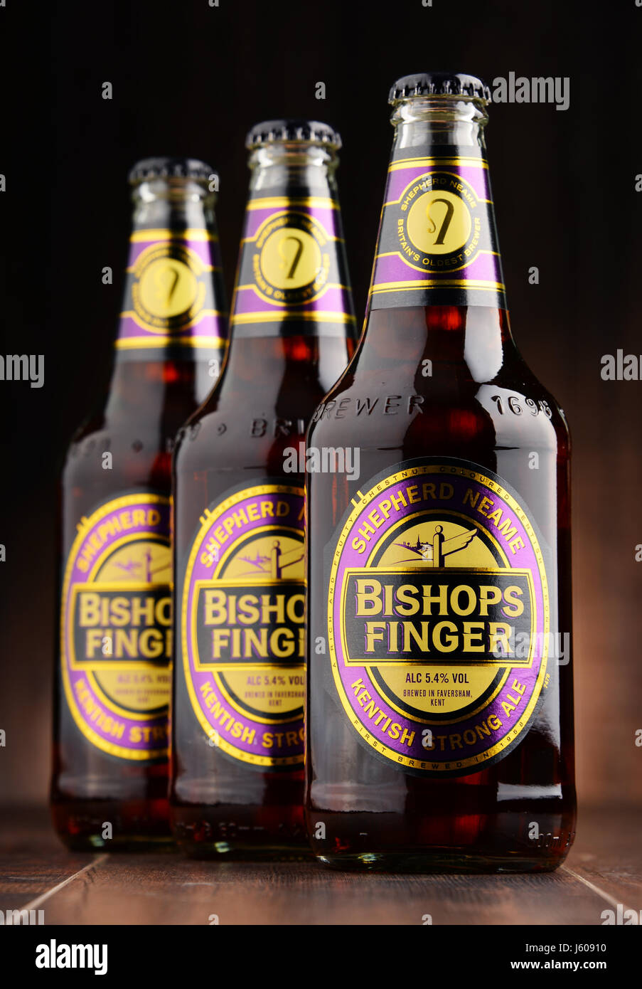 POZNAN, POLAND - AUGUST 12, 2016: Bishop's Finger  is a fine English Ale produced by Shepherd Neame, an independent regional brewery located in Favers Stock Photo