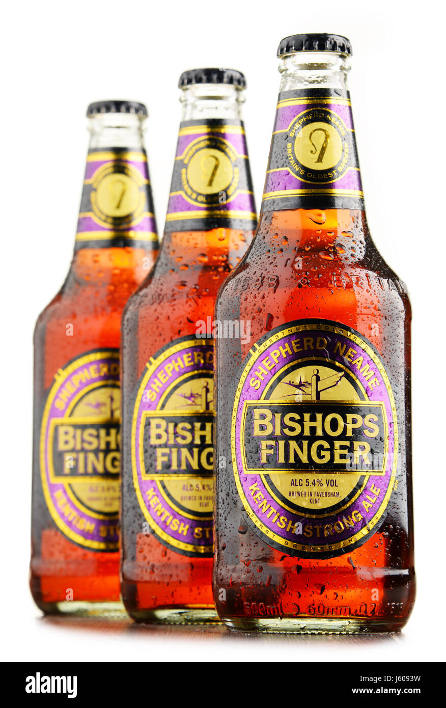 POZNAN, POLAND - AUGUST 12, 2016: Bishop's Finger  is a fine English Ale produced by Shepherd Neame, an independent regional brewery located in Favers Stock Photo