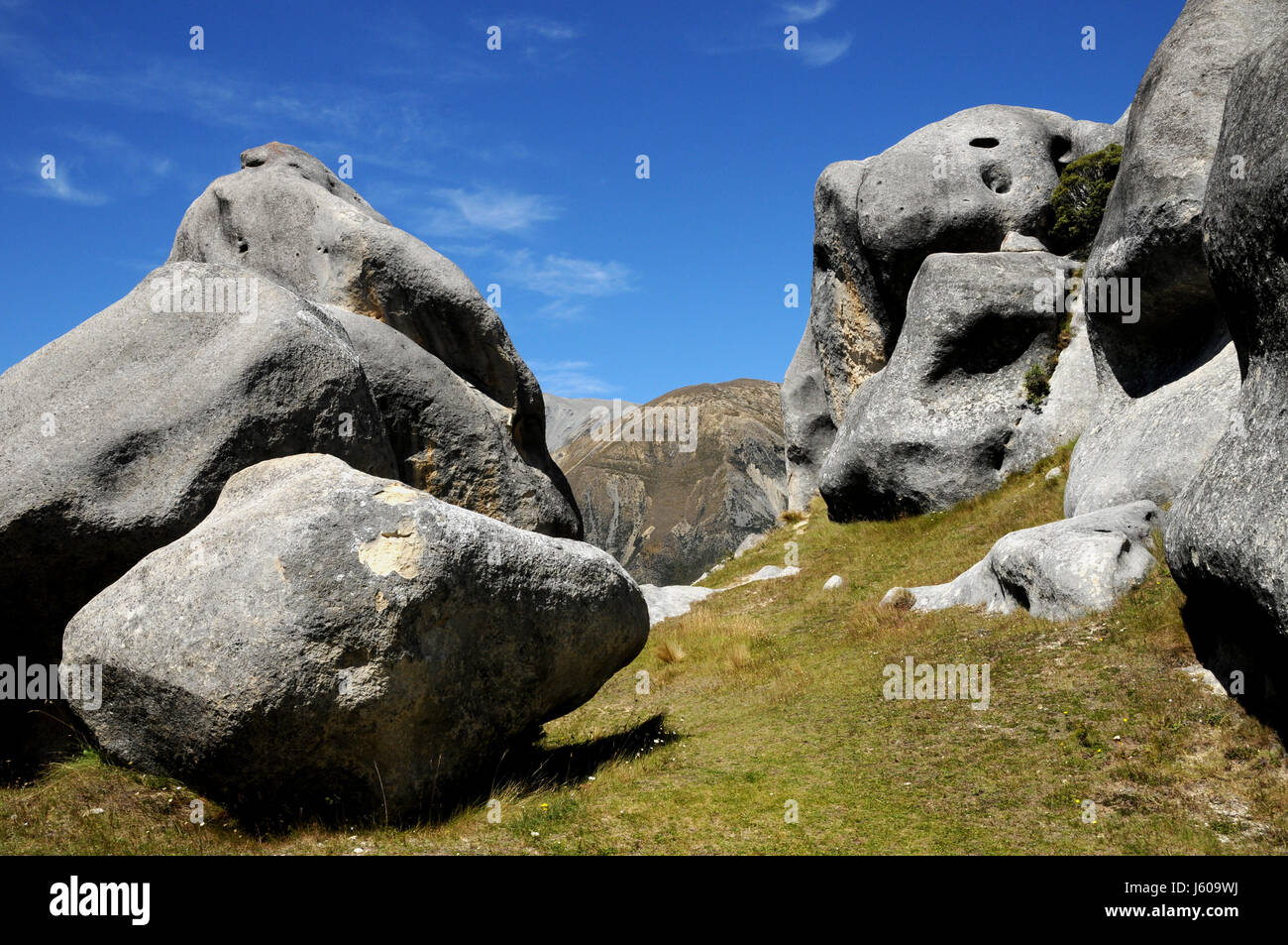 Castle Hill Rocks, a High Country sheep station, near Arthur's Pass on New Zealand's South Island. Stock Photo