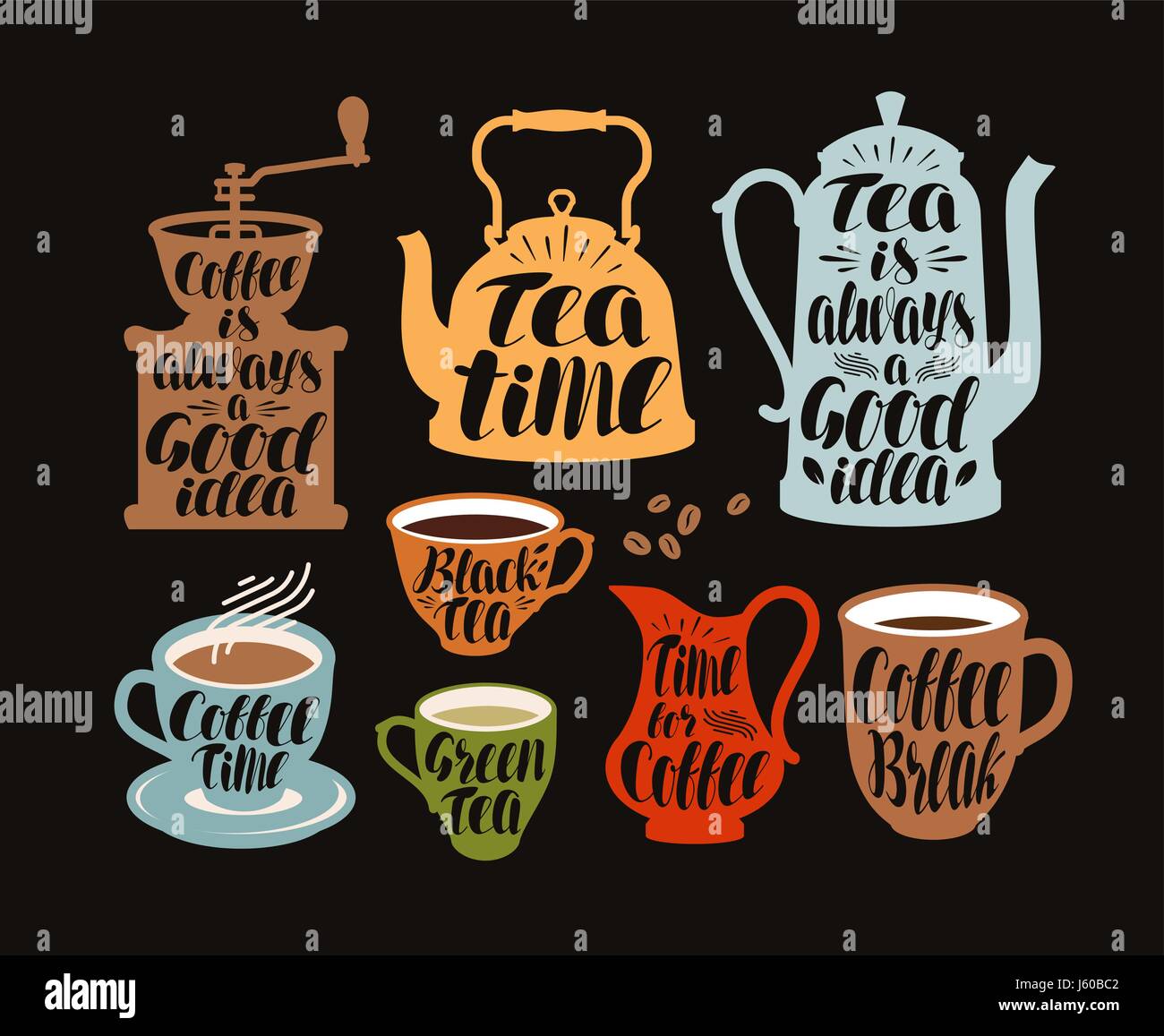 Hot drinks, tea, coffee label set. Collection decorative elements for menu restaurant or cafe. Lettering, calligraphy vector illustration Stock Vector