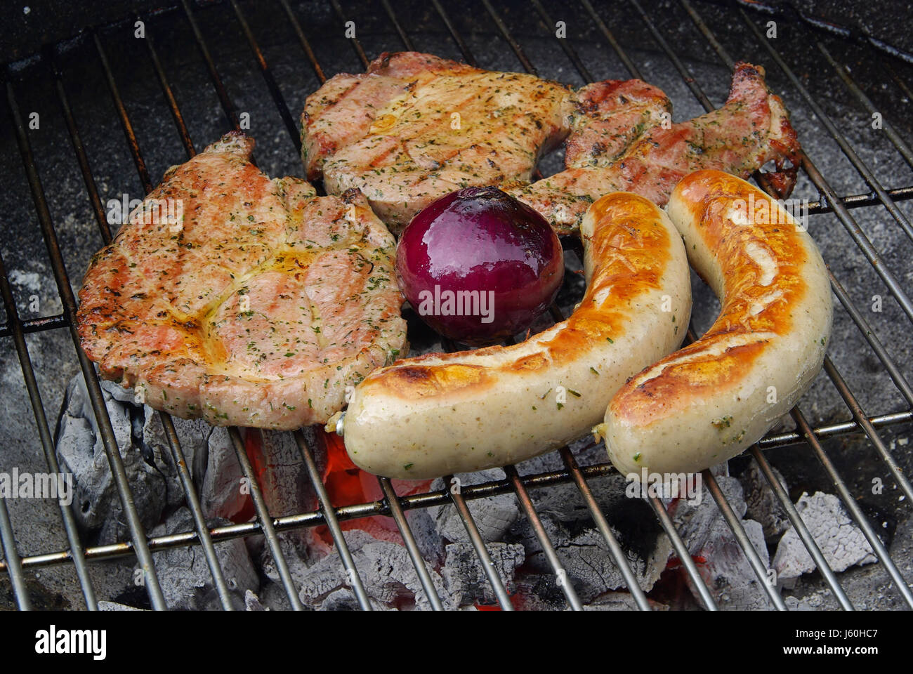 sausage grill barbecue barbeque steak meat food aliment boil cooks boiling Stock Photo