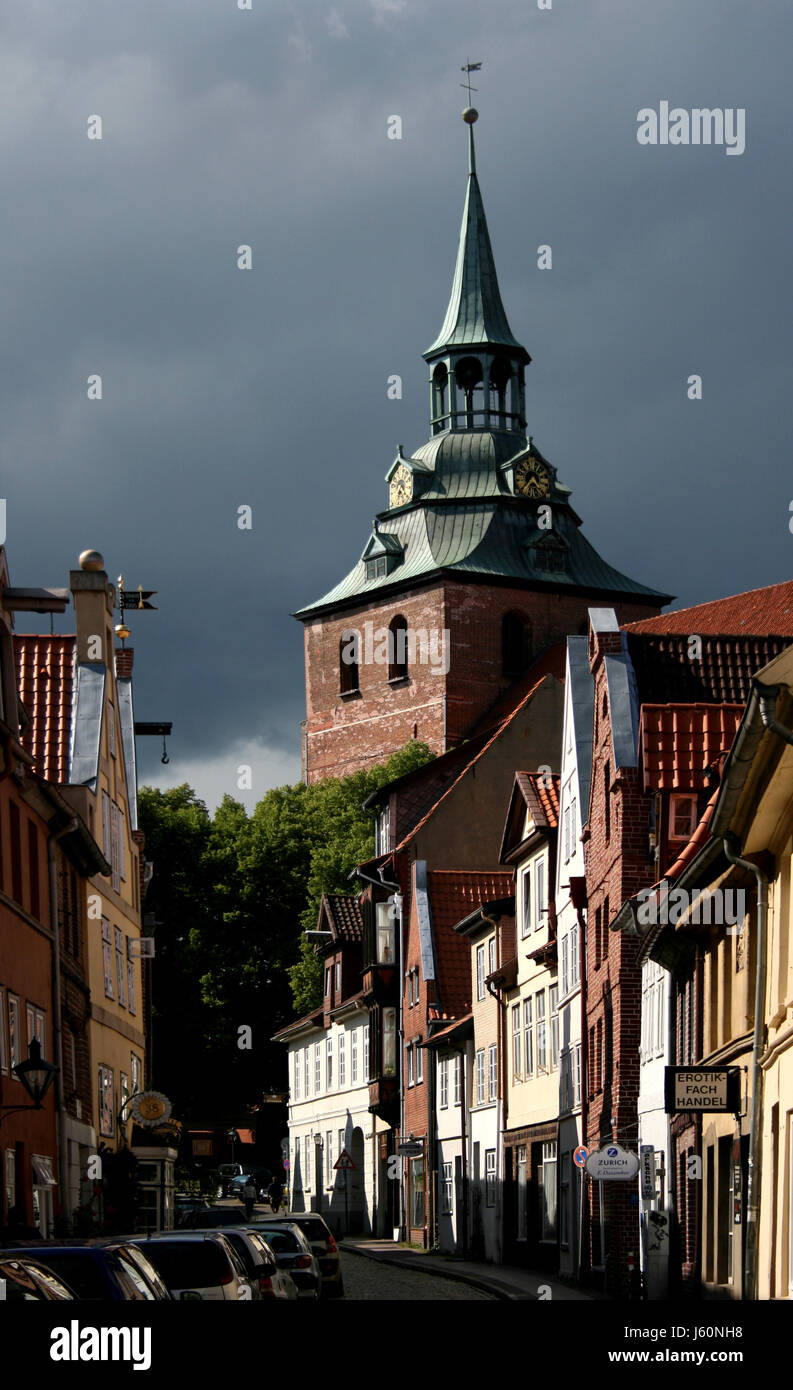 historical lighted old town thunder-storm thunderstorm thundreous lower saxony Stock Photo