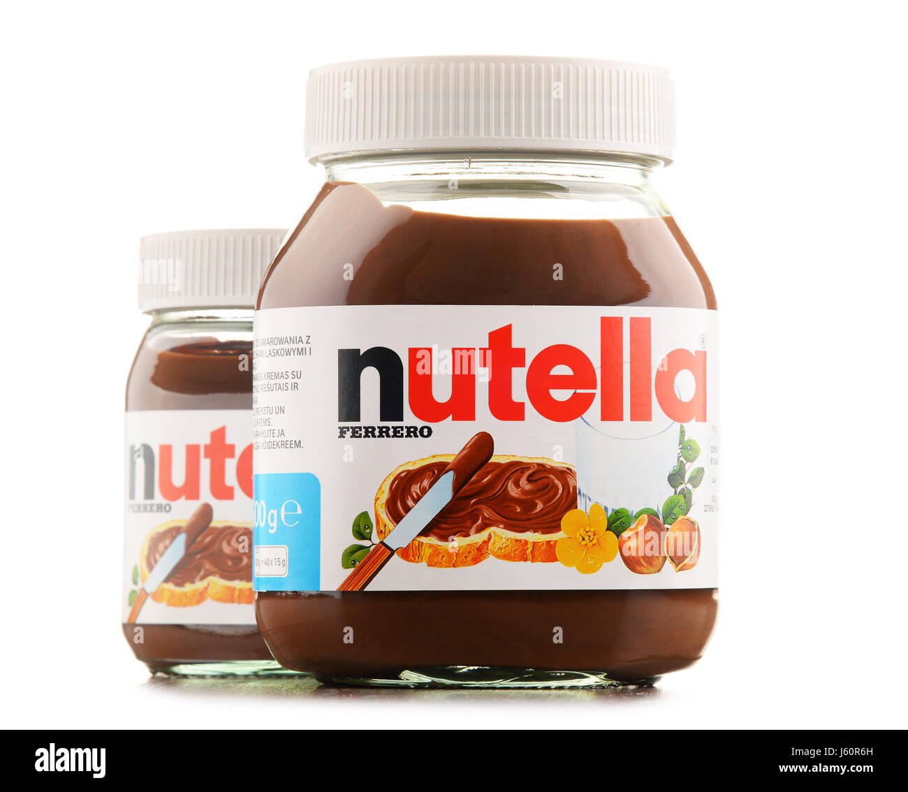 POZNAN, POLAND - OCT 11, 2016: Introduced to the market in 1964 by Italian company Ferrero, Nutella is widely popular brand name of a sweetened hazeln Stock Photo