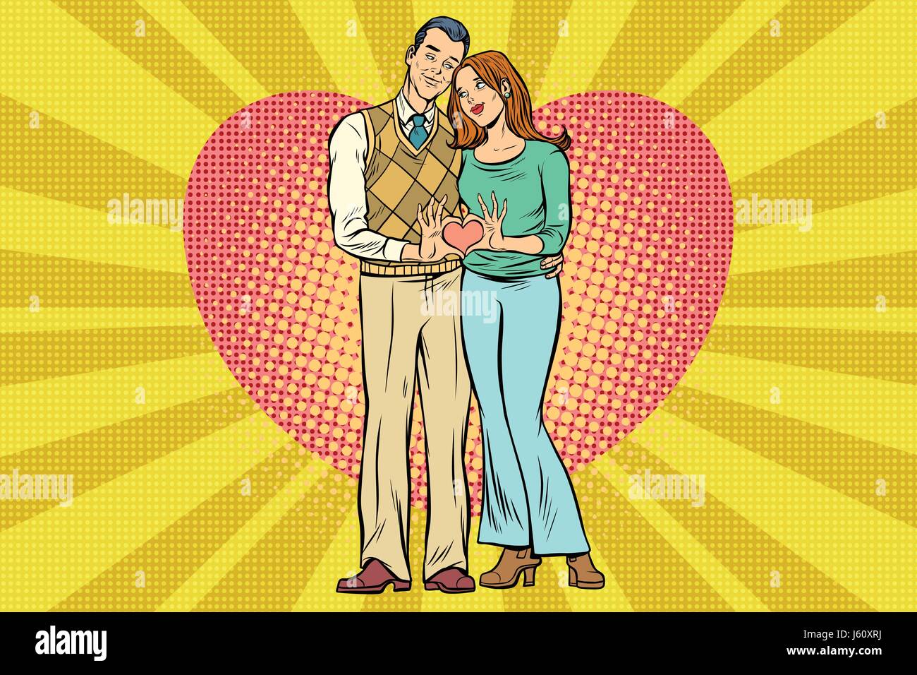 Cute couple, hand gesture a heart of love. In all growth on the background of hearts. Pop art retro vector illustration drawing Stock Vector