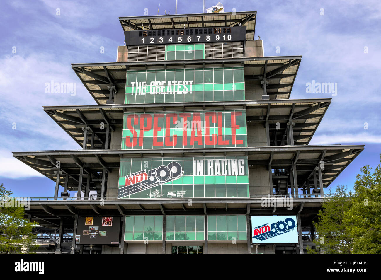 Indianapolis - Circa May 2017: The Panasonic Pagoda at Indianapolis Motor Speedway. IMS Prepares for the 101st Running of the Indy 500 I Stock Photo