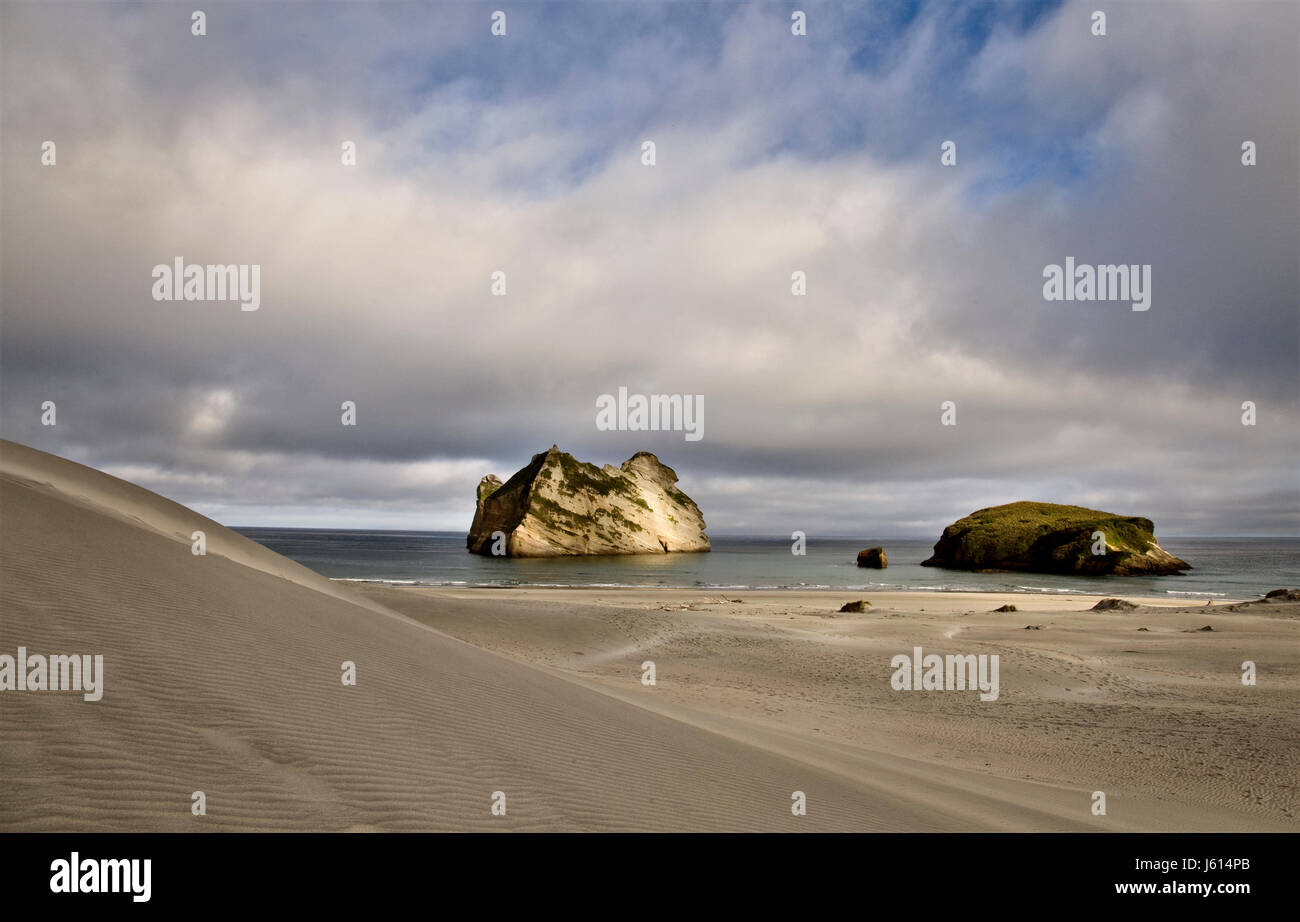 Spit With Rocks Farewell Spit New Zealand beach Rock haystacks Stock Photo - Alamy