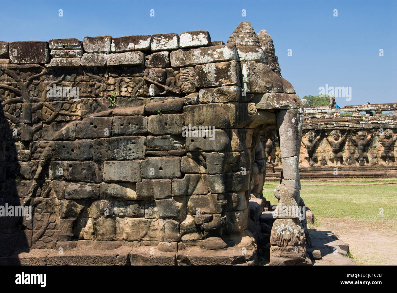 The Terrace of the Elephants at Angkor Thom was a 350m-long reviewing platform for the king to review his army, Angkor, Cambodia. Stock Photo