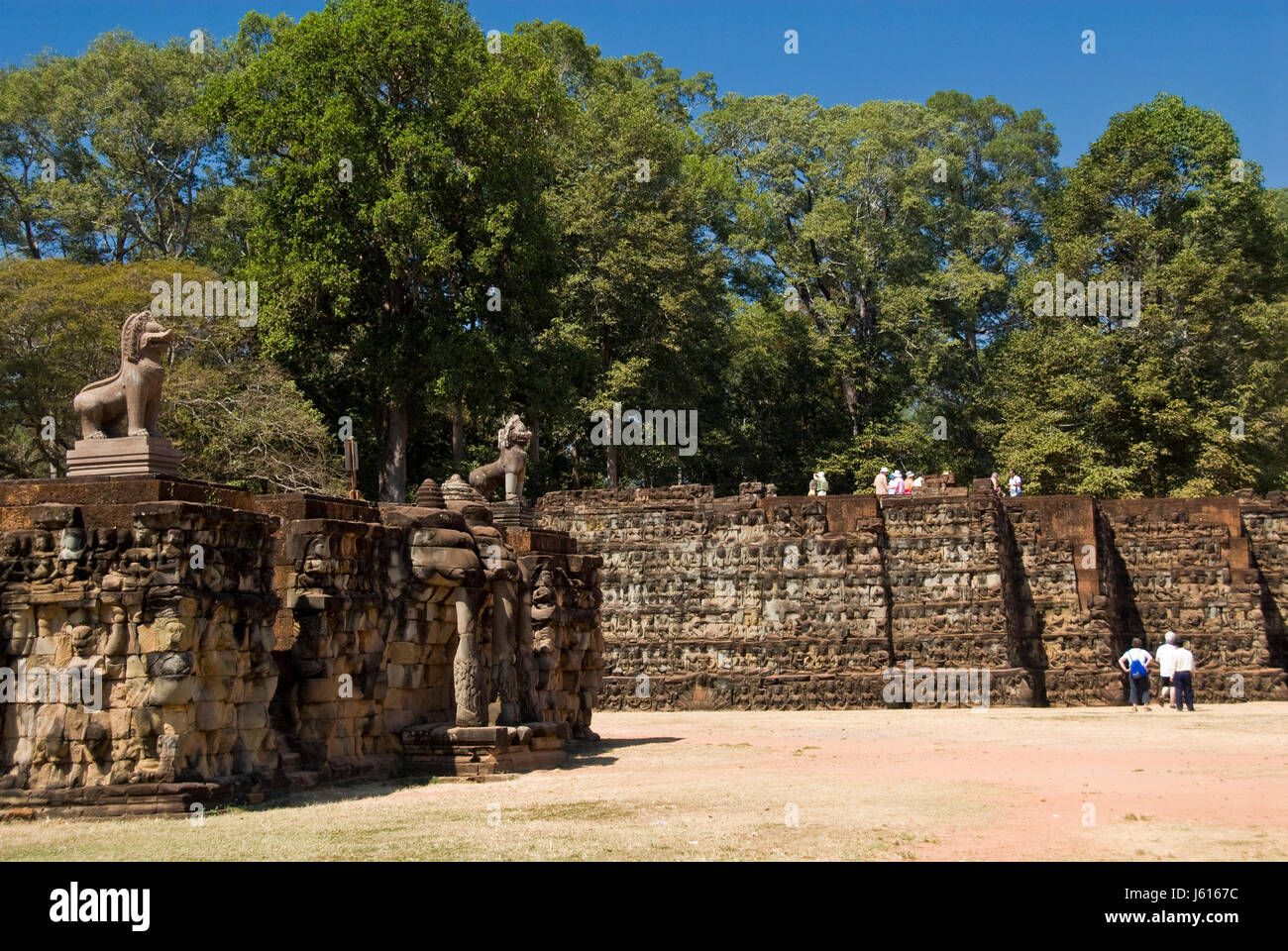 The Terrace of the Elephants at Angkor Thom was a 350m-long reviewing platform for the king to review his army, Angkor, Cambodia. Stock Photo