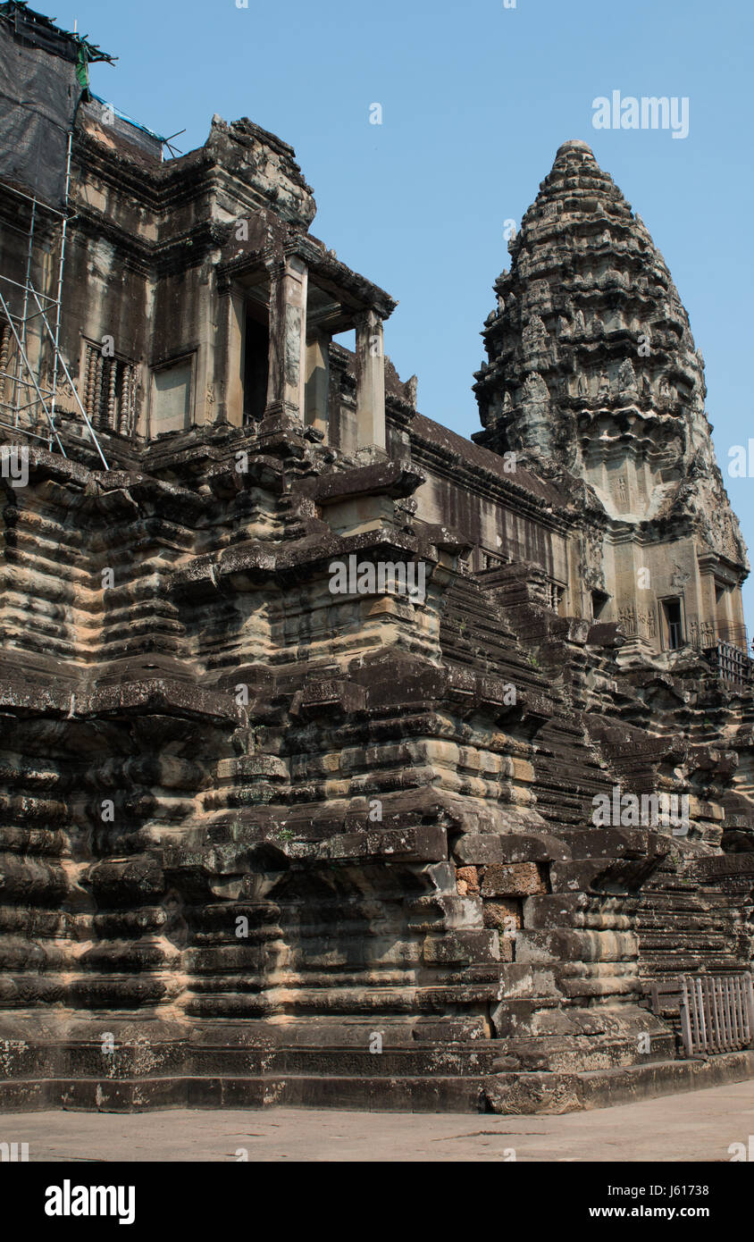 A shot of the spires and stairs at the top level of Angkor Wat Stock Photo