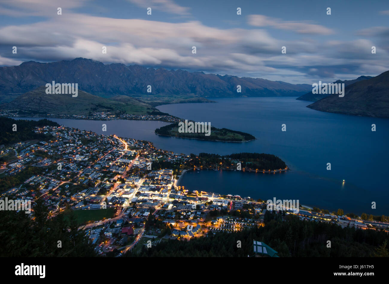 Night scene of Queenstown from Skyline Gondola, south island of New Zealand. Stock Photo