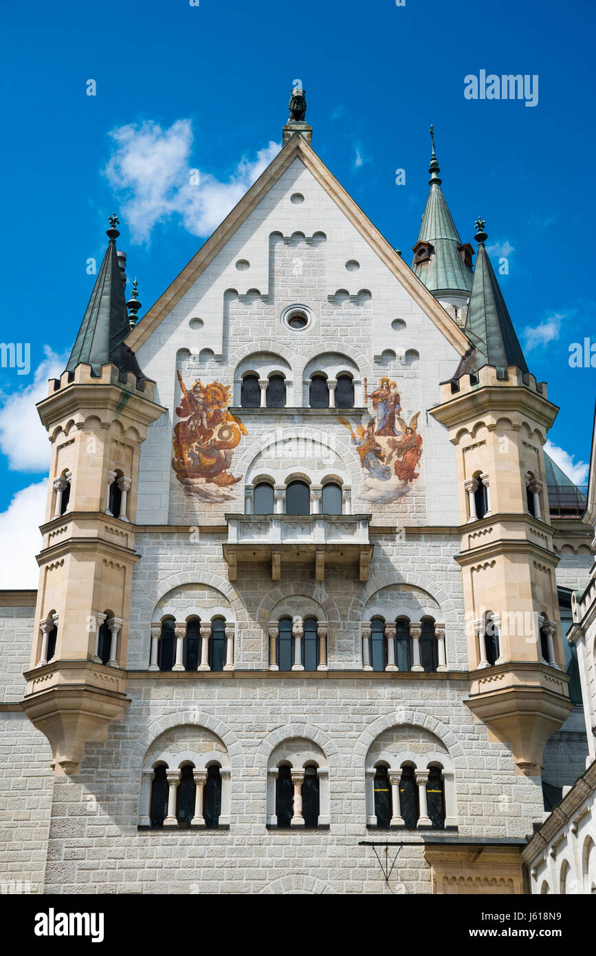 Neuschwanstein Castle. View from location of unrealized chapel along upper courtyard level: Bower, palace front, and Knights House. Stock Photo