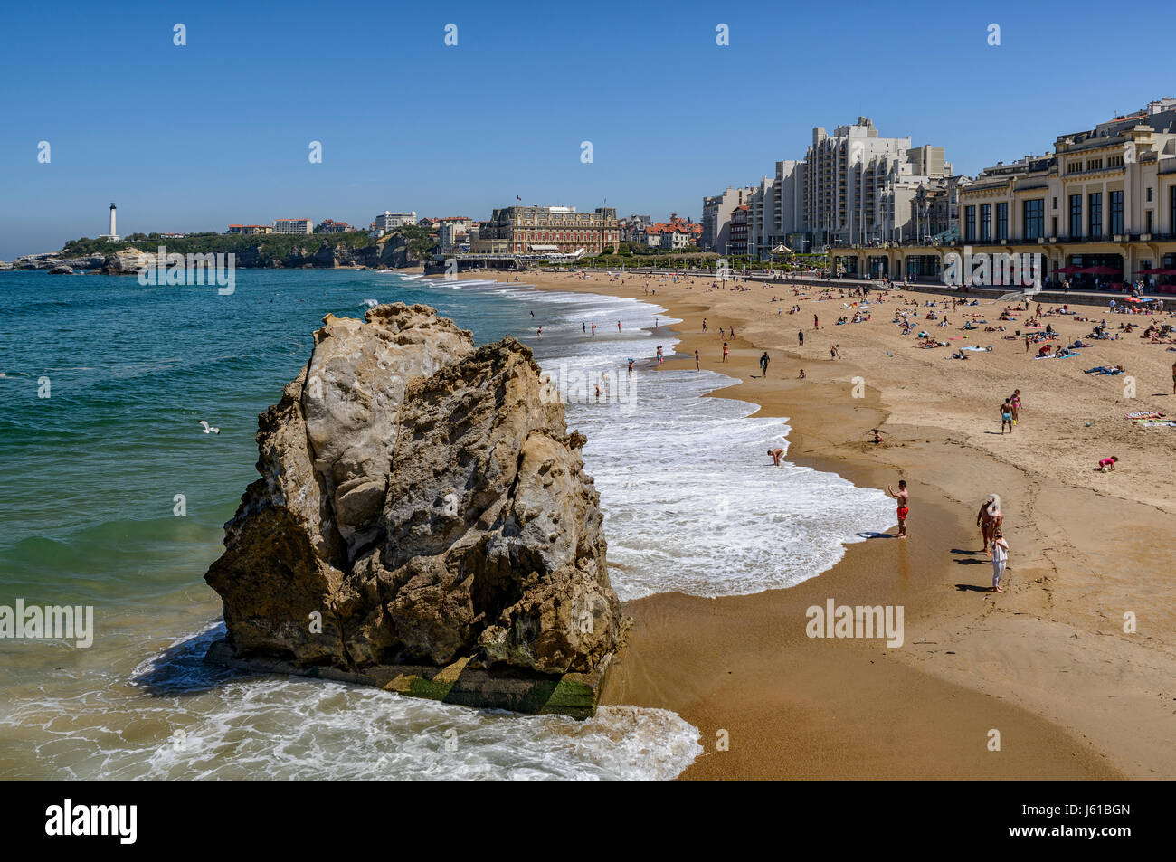 Panoramic View of Grande Plage with the Casino and lighthouse, Biarritz Aquitaine, Biarritz, France, Stock Photo
