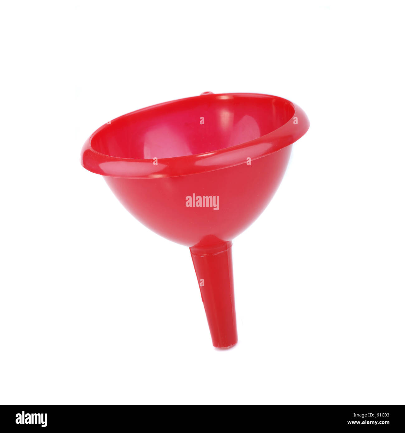 isolated optional plastic synthetic material fill funnel pour in red macro Stock Photo
