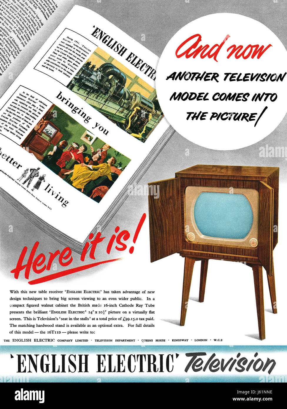 1953 British advertisement for English Electric Television. Stock Photo