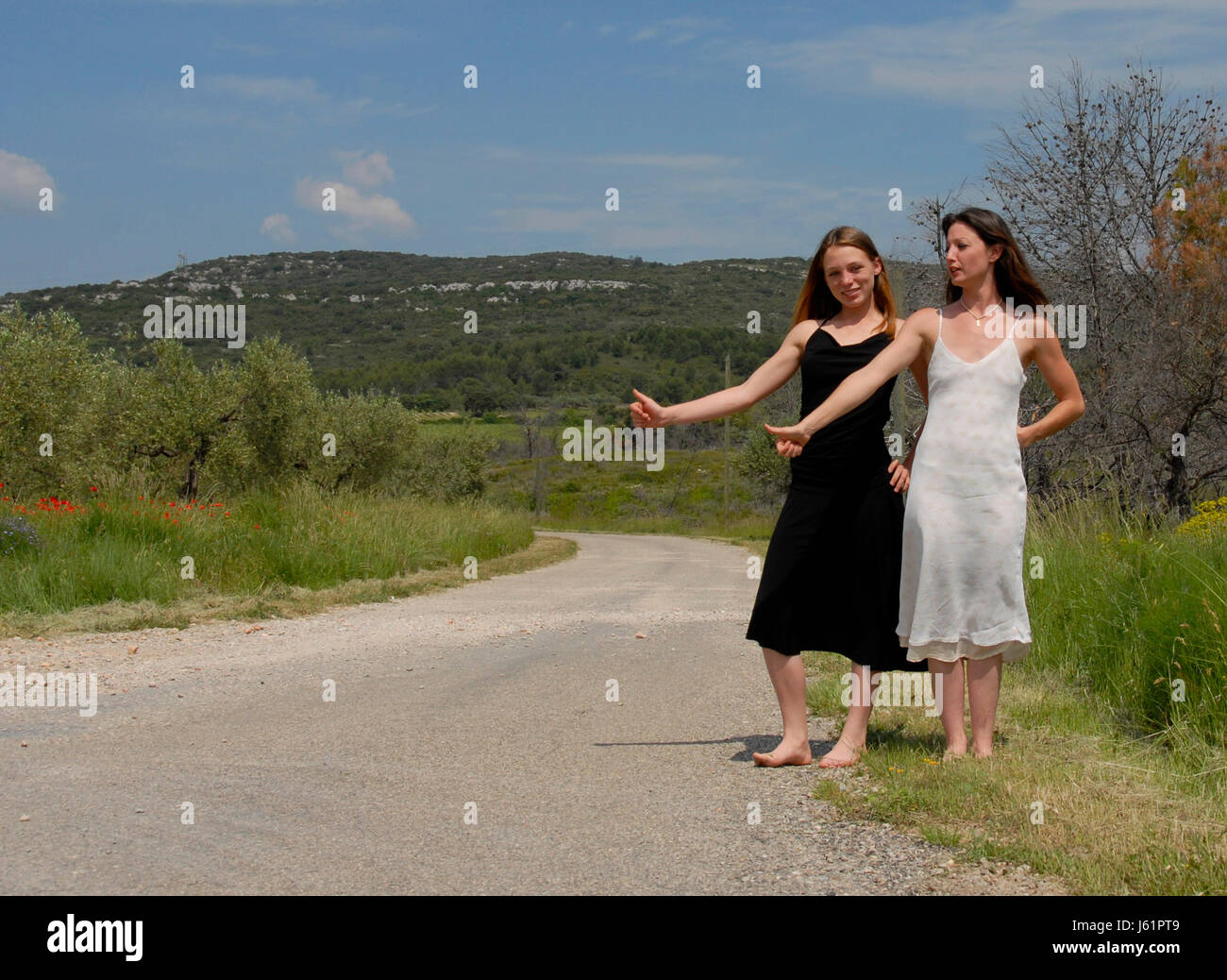 woman transport road rural street autostop peasant laugh laughs laughing twit Stock Photo